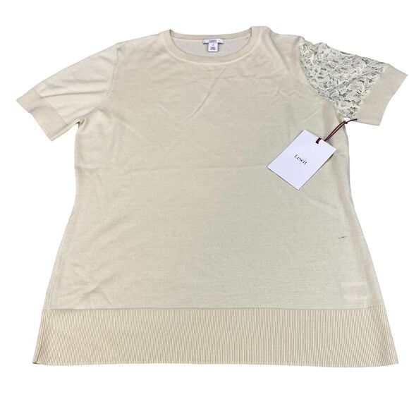 Lewit Sweater Womens Sz 1 Beige Merino Wool Lace Short Sleeve Crew Neck Pullover - Picture 1 of 11